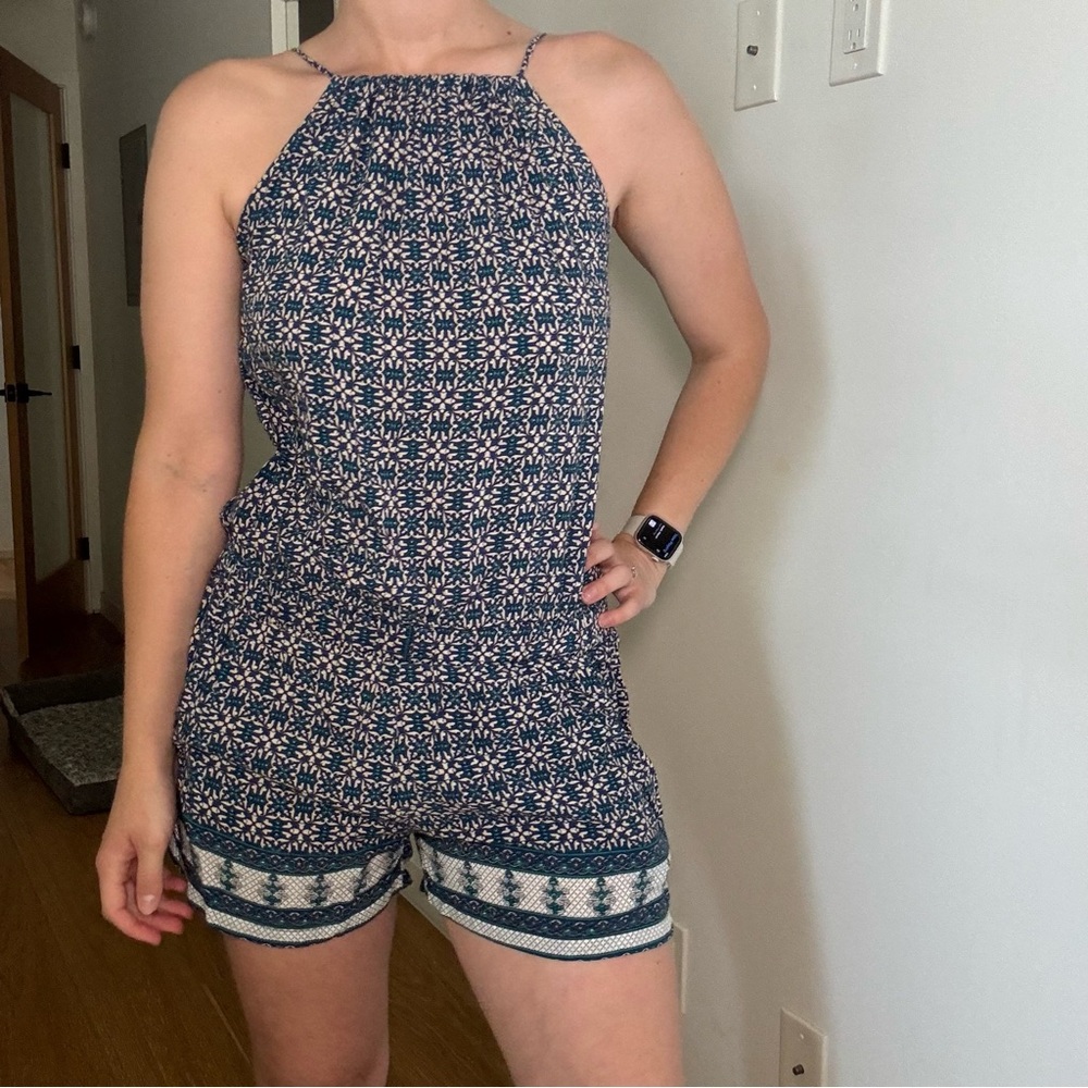 Blue and white floral halter romper